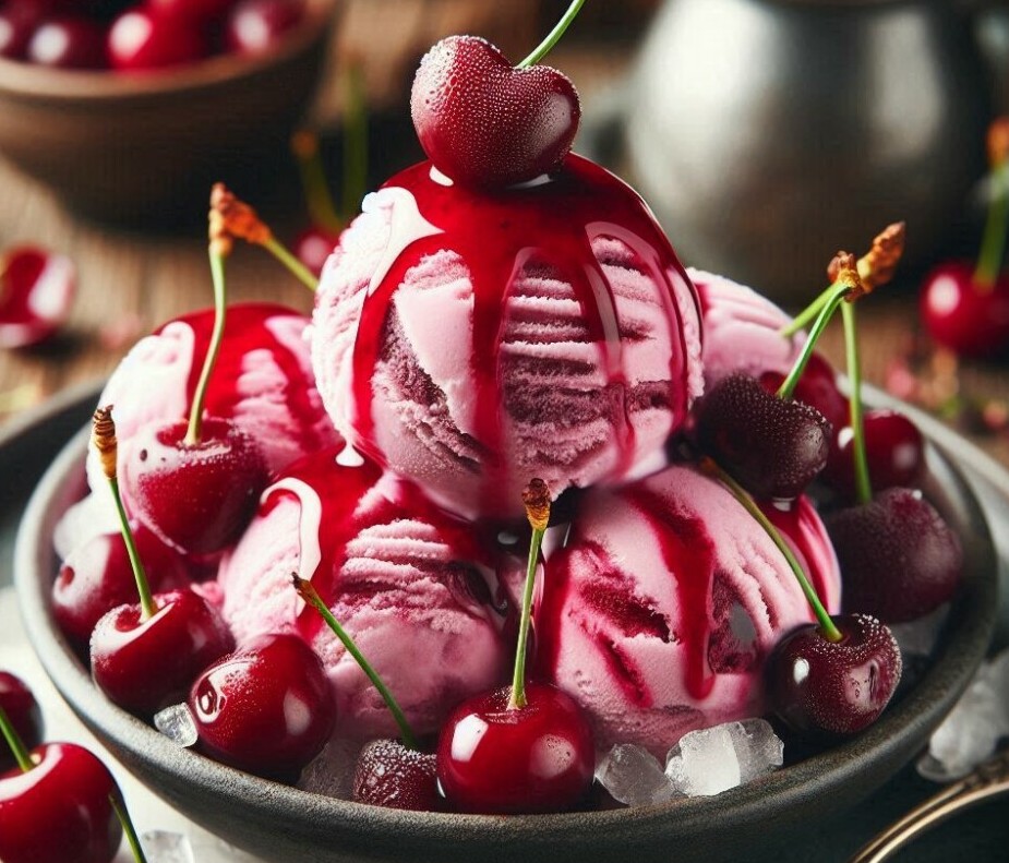 Homemade Cherry Ice Cream Recipes image 7 bowl of cherry ice cream with cherry coulis drizzled all over and fresh cherries scattered frosted fusions