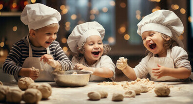 Kid Friendly Christmas Ice Cream Recipes image 1 three children in aprons and chefs hats baking and laughing freely frosted fusions