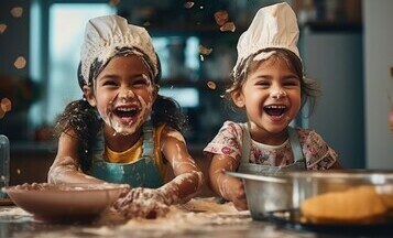 Kid Friendly Christmas Ice Cream Recipes image 2 two girls with chef hats covered with ingredients and kitchen equipment around them smiling and laughing frosted fusions