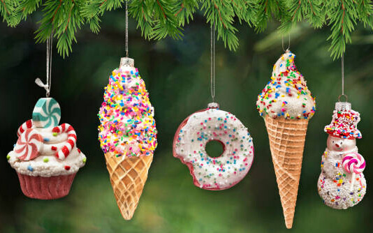 20 Festive Winter Ice Cream Recipe Ideas image 6 ice creams presented as baubles hanging in christmas tree frosted fusions