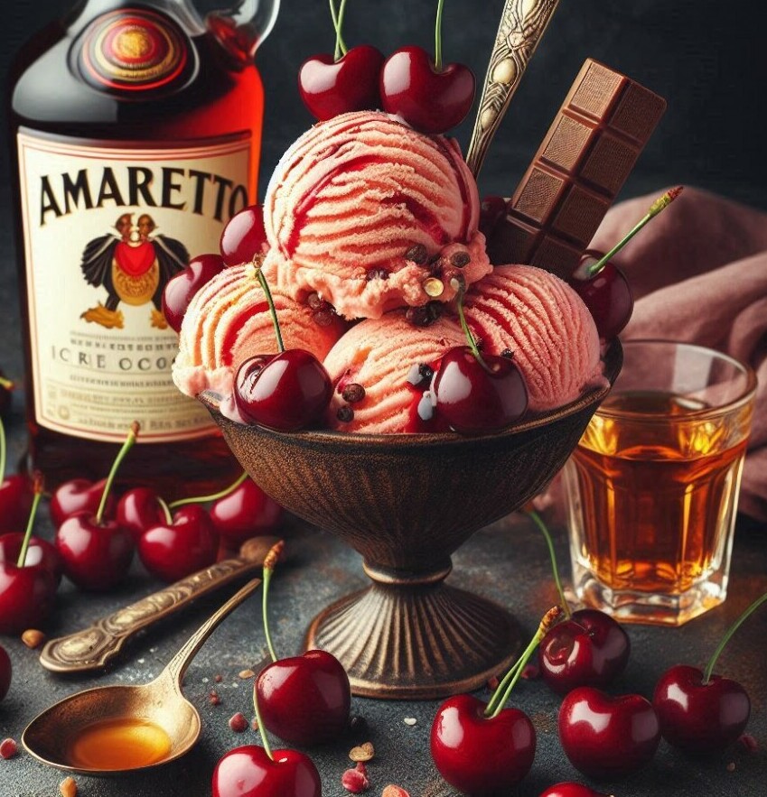 Homemade Cherry Ice Cream Recipes image 6 bowl of cherry ice cream with bottle and glass of amaretto in the background with fresh cherries frosted fusions