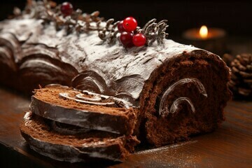 Christmas Ice Cream Desserts to Sweeten Your Festivities image 2 chocolate yule log sliced showing inner swirls with christmas decorations frosted fusions