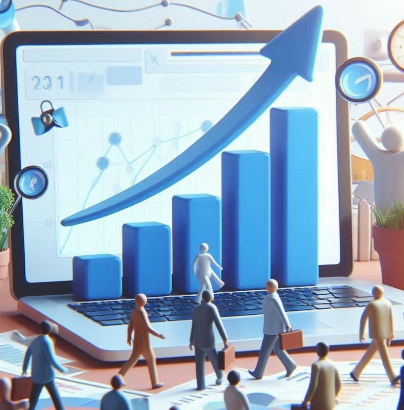 Effective Strategies To Drive Traffic To Your Affiliate Marketing Website image 2 pc screen showing an upward arrow conveying growth with lots of people walking make xtra money online