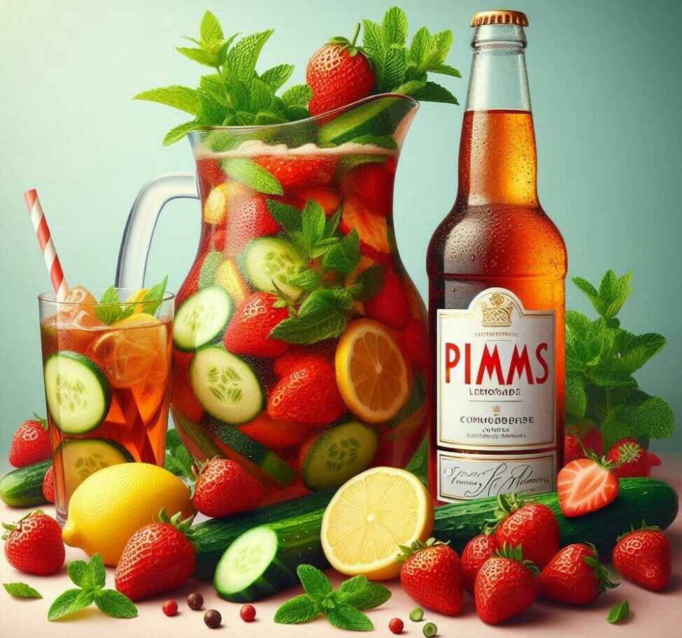 Anyone For Pimms Homemade Pimms And Lemonade Ice Cream image 4 large jug of pimms and lemonade filled with sliced cucumbers strawberries and fresh mint with a bottle of pimms and glasses frosted fusions