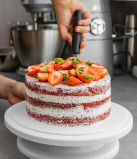 Learn How To Make Homemade Ice Cream Cakes image 9 woman layering an ice cream cake with spatula showing layers and pile of fresh strawberries on top frosted fusions