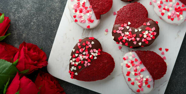 Love at First Scoop Learn to Craft Your Own Red Velvet Homemade Ice Cream image 7 heart shaped red velvet ice cream sandwiches with heart sprinkles frosted fusions