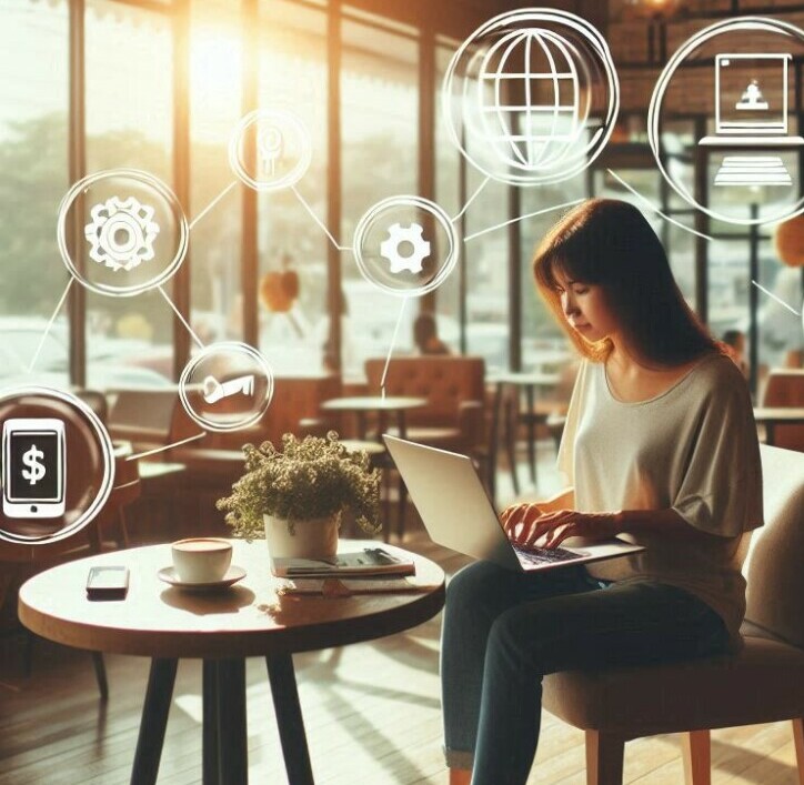 Powerful Ways To Make Money Online Avoiding Common Pitfalls image 3 woman sat at table with laptop coffee and plant with various marketing symbols surrounding her make xtra money online