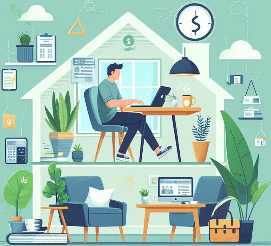 Powerful Ways To Make Money Online Avoiding Common Pitfalls image 2 outline of a house with a man sat at desk with laptop with dollar signs make xtra money online