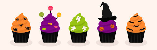 Halloween Ice Cream Treats - Spooky Ice Scream Recipes For The Occasion image 3 five halloween themed ice creams lined up decorated with bats witches hat and ghosts frosted fusions