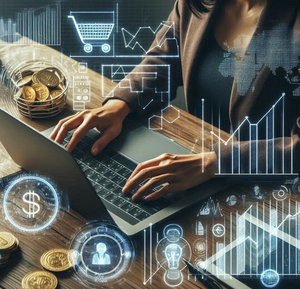 How To Choose Profitable Affiliate Niches image 4 person sat at laptop with coins  dollar signs charts shopping basket and world map surrounding them make xtra money online