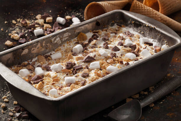 S'mores Homemade Ice Cream Recipe Ideas image 8 tray of smores ice cream topped with mini marshmallows chunks of chocolate and crushed biscuits frosted fusions