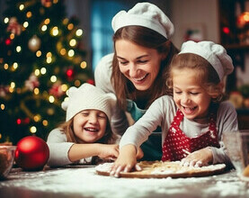 Christmas Ice Cream Desserts to Sweeten Your Festivities image 5 kids baking and laughing with adult and festive decorations in background frosted fusions