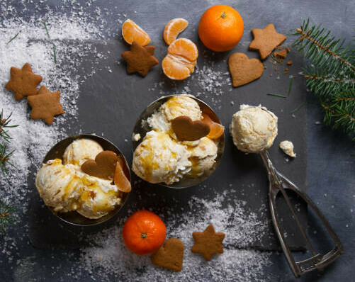 Festive Homemade Ice Cream Flavours for a Cosy and Delicious Christmas image 4 gingerbread ice cream fresh satsumas and gingerbread biscuits scattered fern tree branches dark back ground frosted fusions