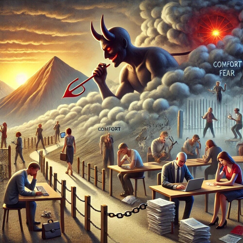 The devil subtly influencing humanity’s progress, showing how doubt, fear, distraction, and self-doubt prevent people from reaching their full potential. It captures the manipulative nature of these psychological barriers.