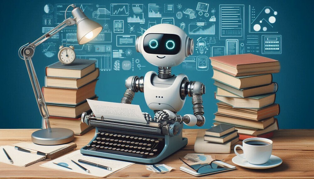 A cute robot with a smile writing content on an old writing machine. There is a huge writing desk in the background with different elements and graphs on it, and on the desk where the robot is writing, there are tons of books, papers, pens, a lamp, glasses and a cup of coffee. The image represents the innovative AI technology used for content rewriting and creation. 