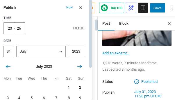 The publish date menu with a calendar. 