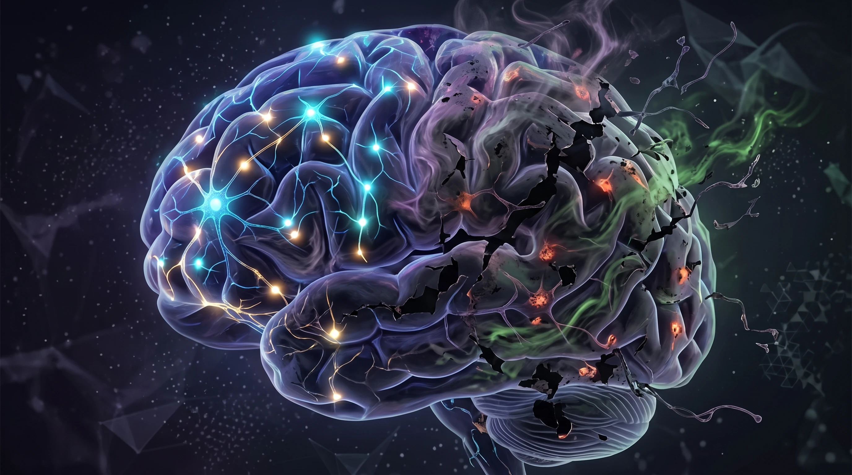 An abstract image showing interconnected neuron patterns and a slightly faded brain outline, symbolizing cognitive decline and neural changes linked to long-term substance use.