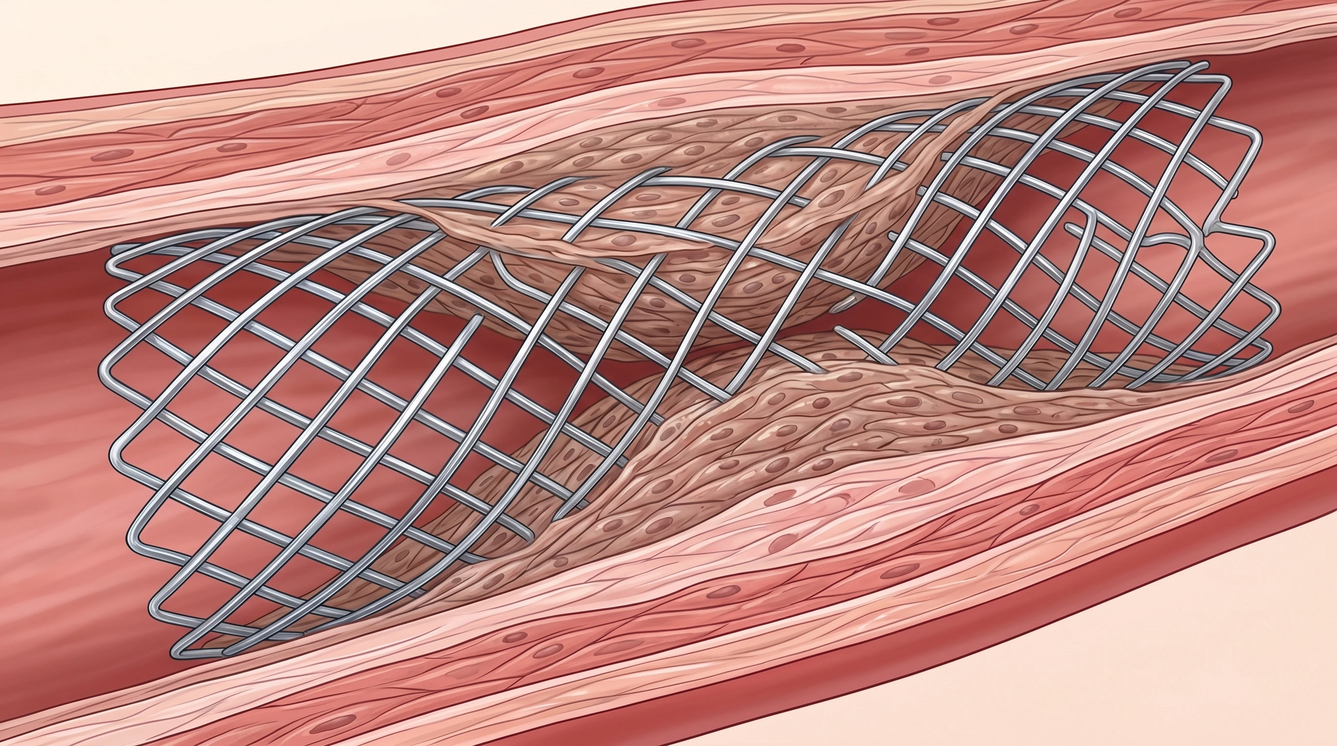 Close-up of a stent inserted into a blood vessel, highlighting the surrounding vascular tissue and the buildup of cells inside the stent.