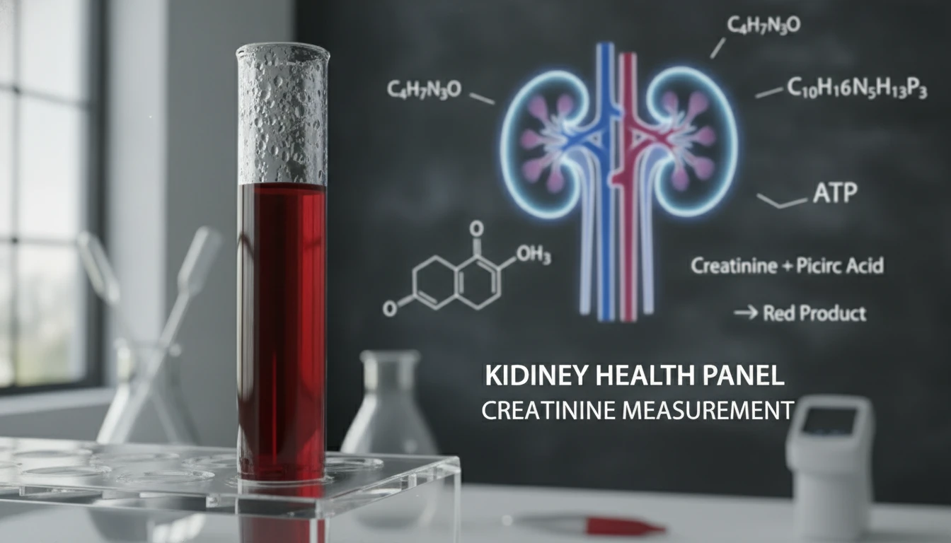 A close-up of a laboratory test tube filled with a blood sample, with a kidney diagram and chemical formulas in the background. The scene should illustrate medical testing and highlight the concept of kidney health and creatinine measurement, with a scientific laboratory feel and soft natural light.