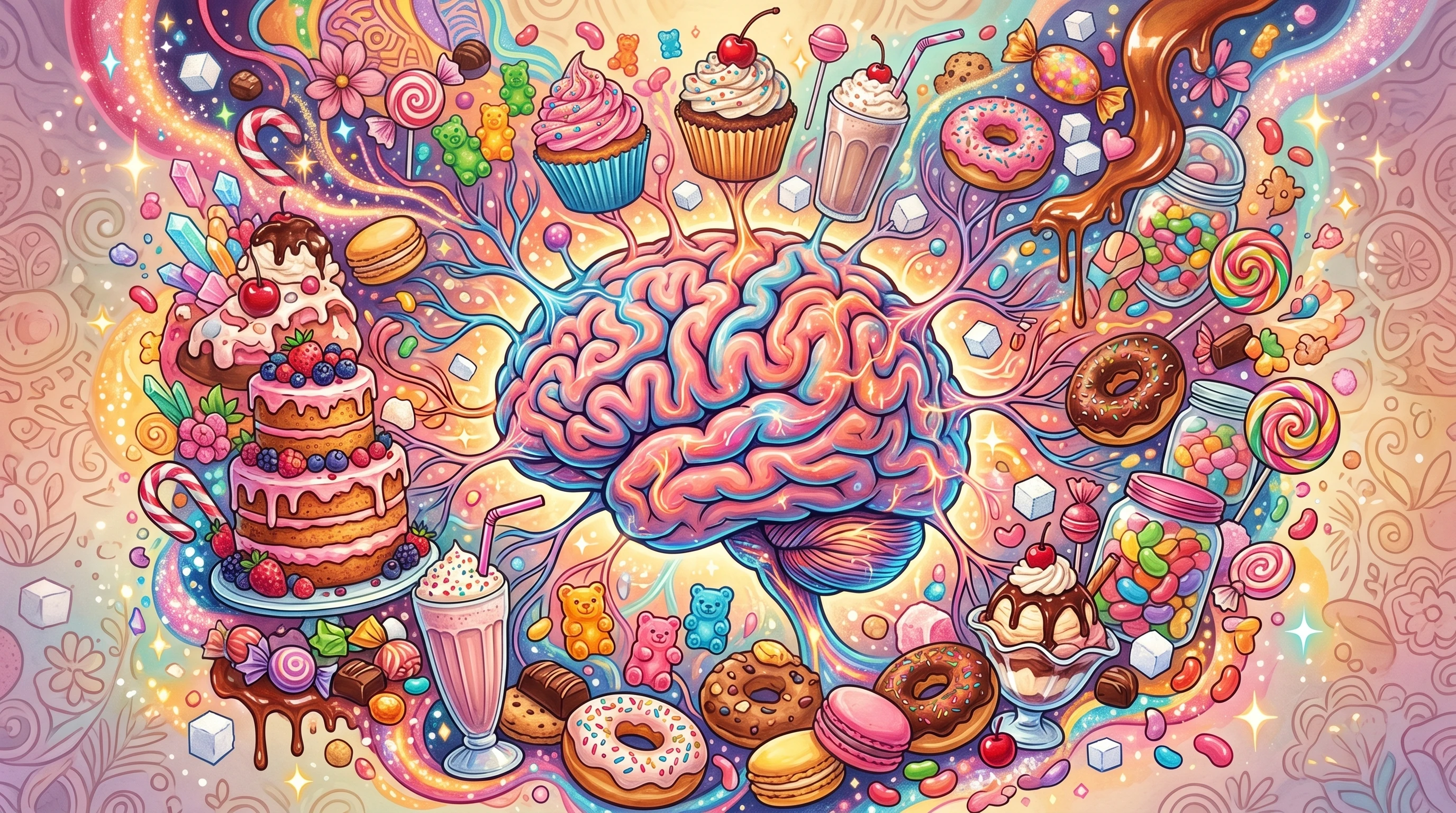A vibrant illustration of a brain surrounded by colorful sweets and desserts, symbolizing sugar's impact on brain chemistry.
