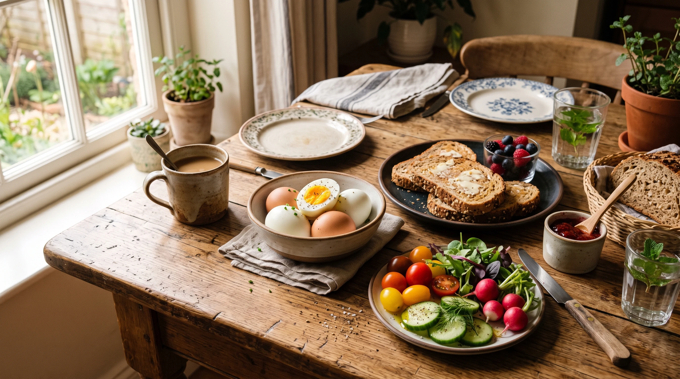 A plate of hard-boiled eggs and vegetables on a rustic kitchen table