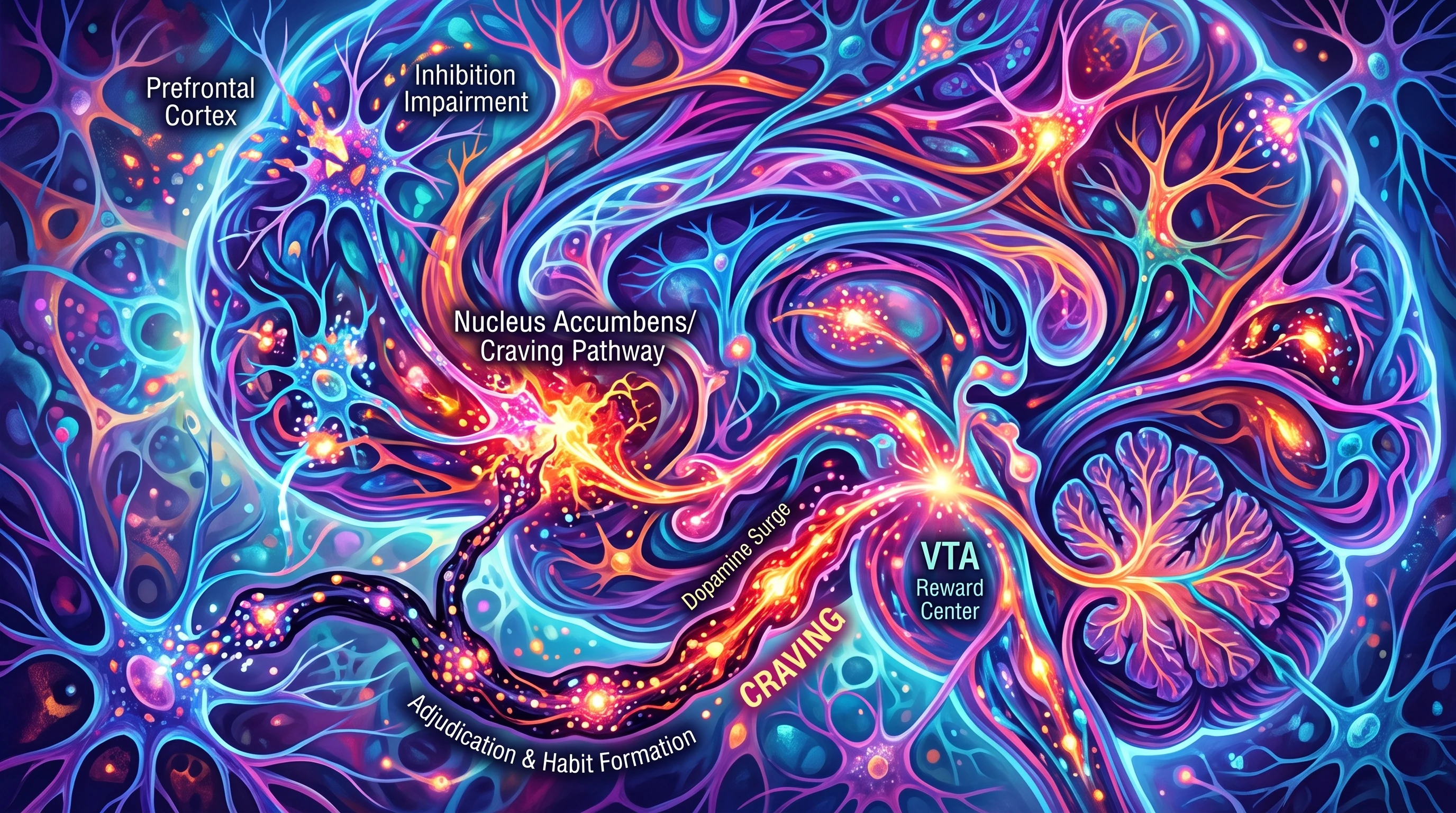 Abstract concept of brain connections and chemical signals, symbolizing addiction pathways