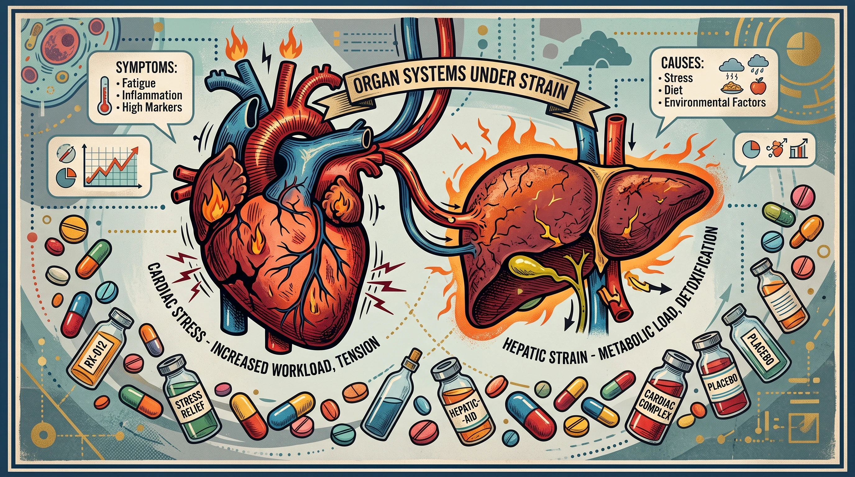Stylized image of an anatomical heart and liver under strain, surrounded by medical pills and vials, in a colorful, information-rich style