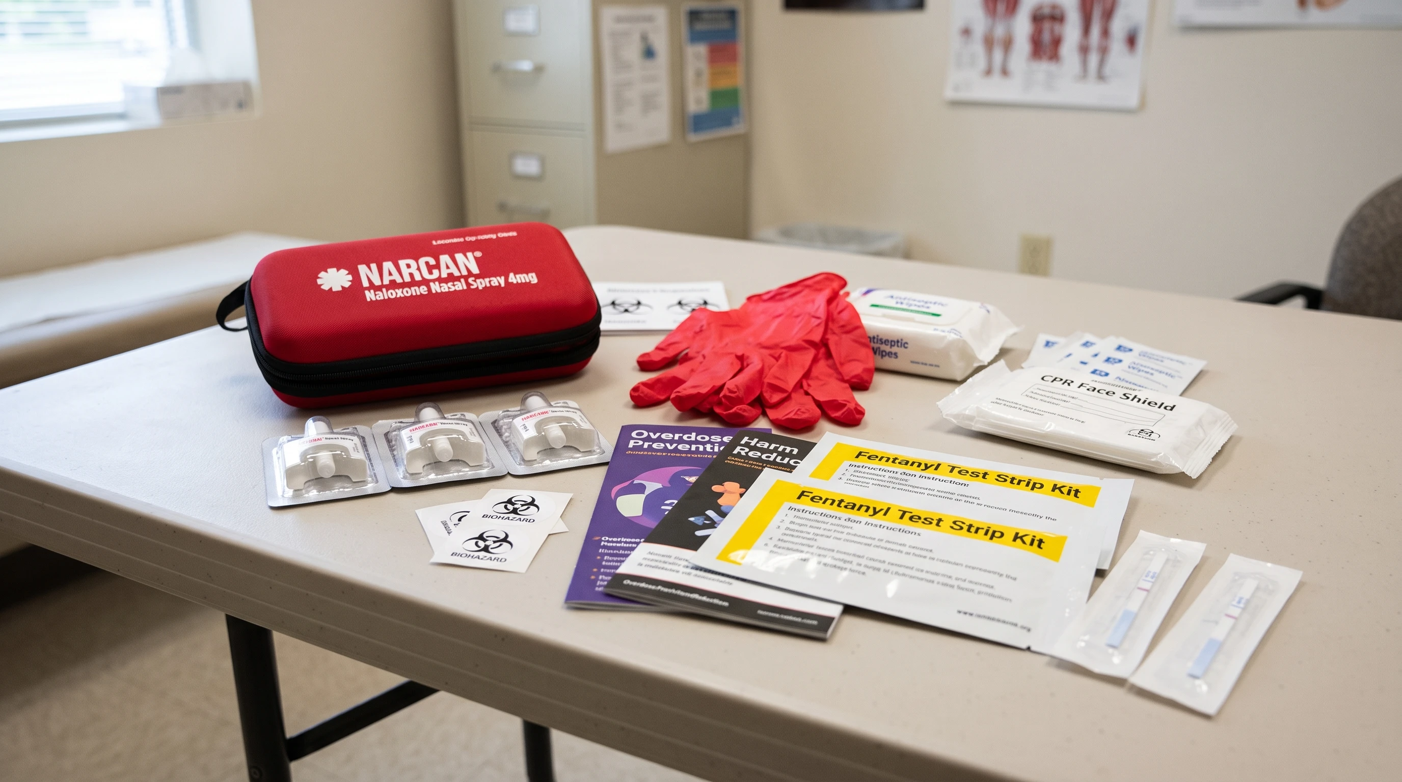 Naloxone kit and harm reduction supplies on a plain surface