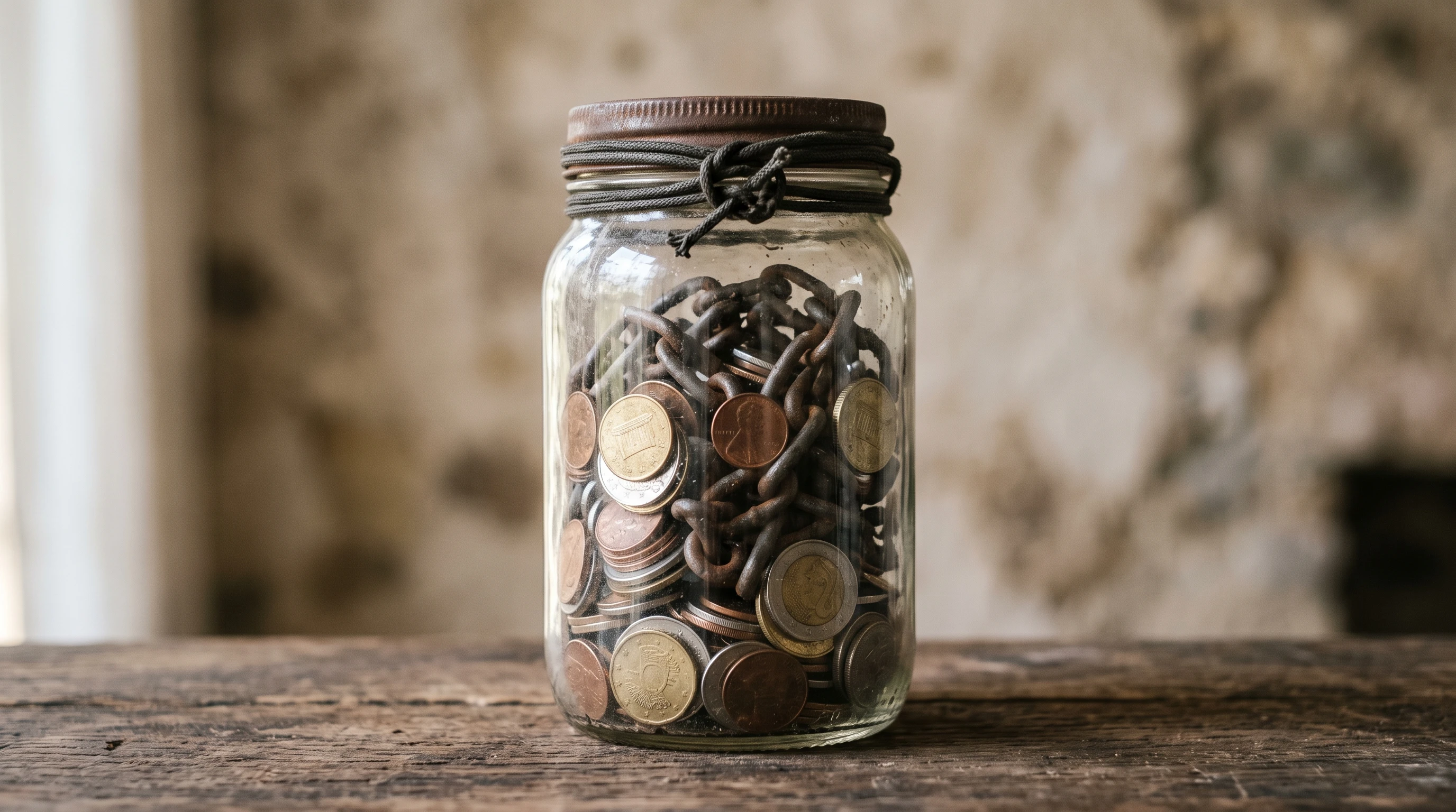 A symbolic image of a closed glass jar filled with coins and a tangled chain, representing the link between money and addiction.