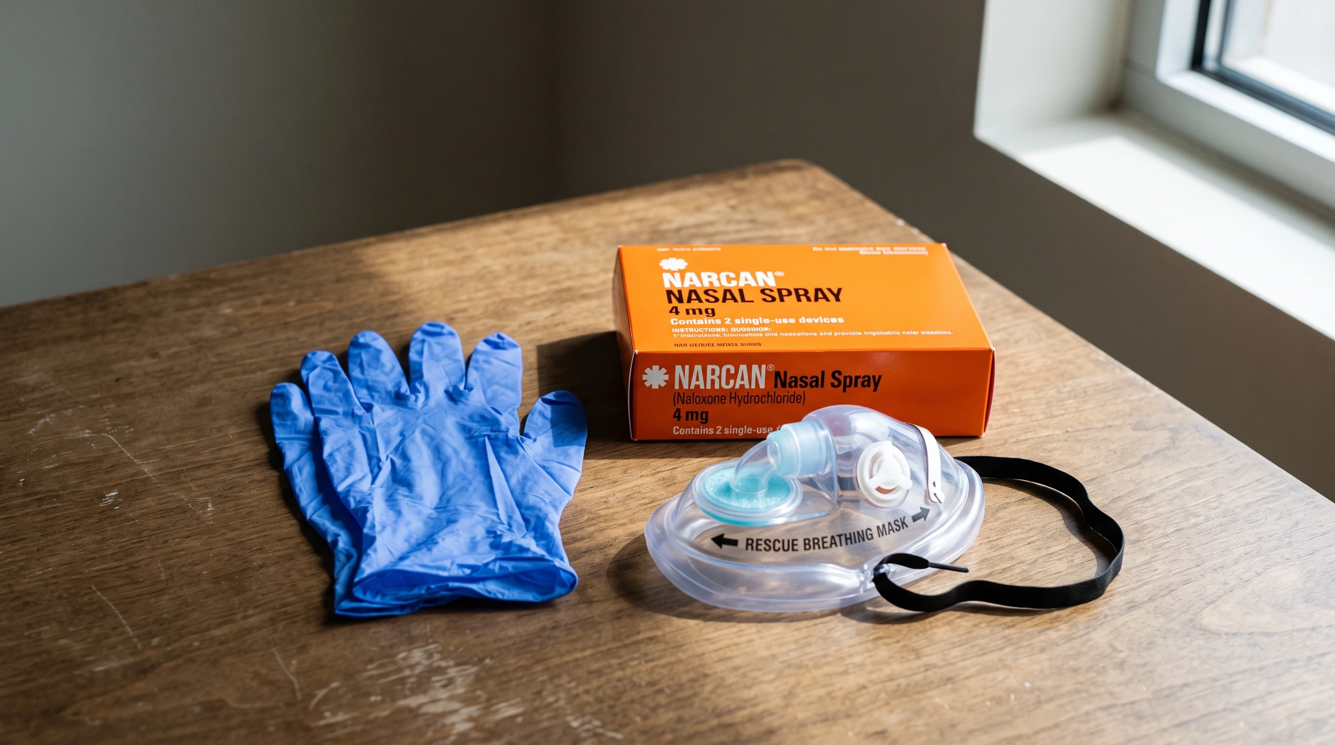 Illustration of a bright orange naloxone kit, emergency medical glove, and overdose rescue breathing mask on a neutral background