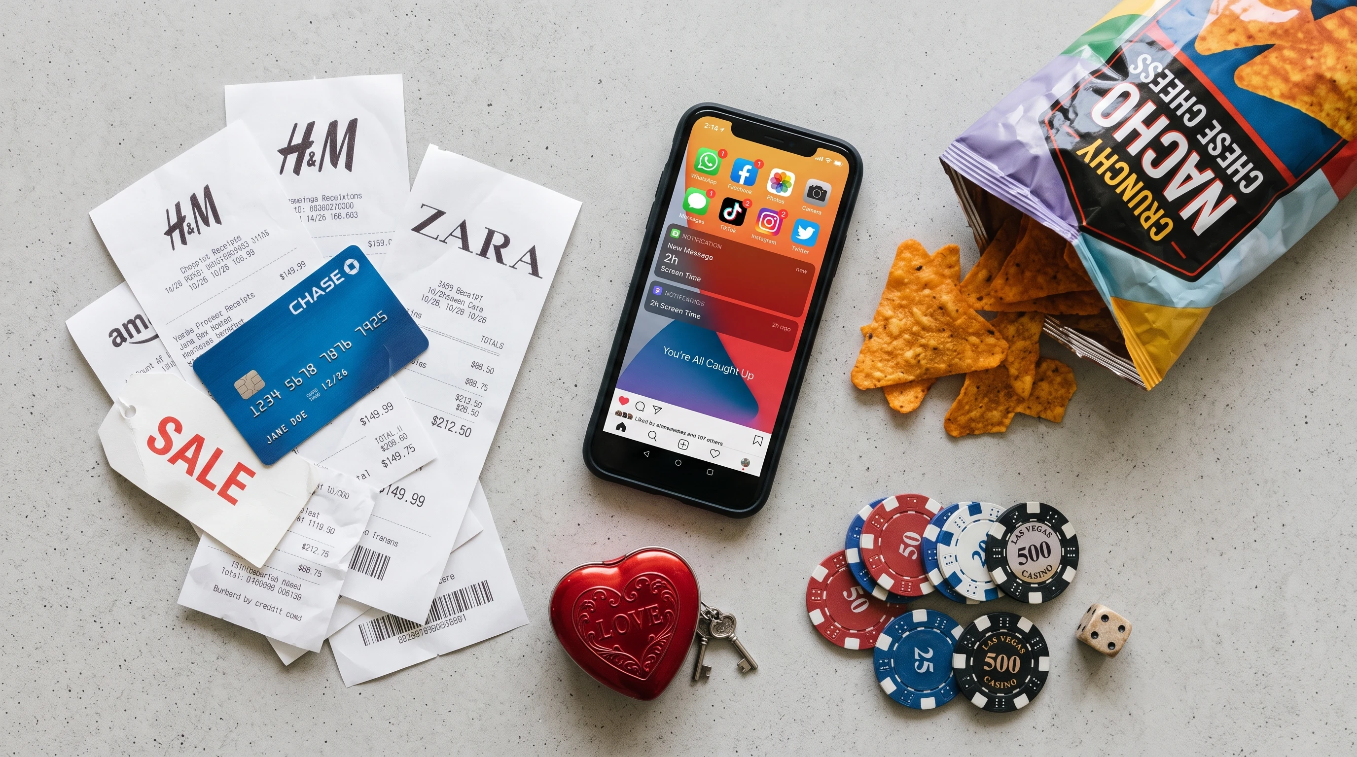 An abstract photo symbolizing different forms of addiction, showing items like snacks, a smartphone, and romantic tokens arranged chaotically on a table.