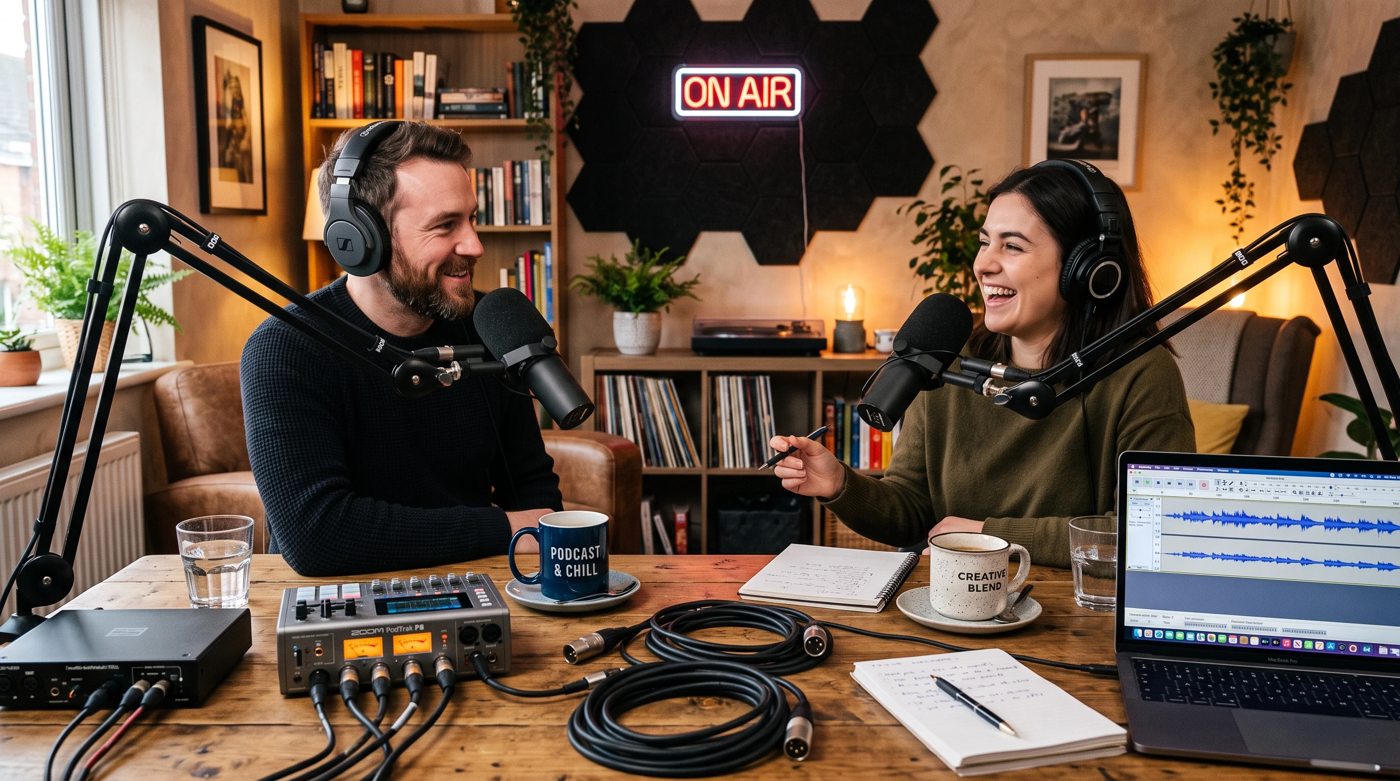 Microphone, headphones, podcast studio background