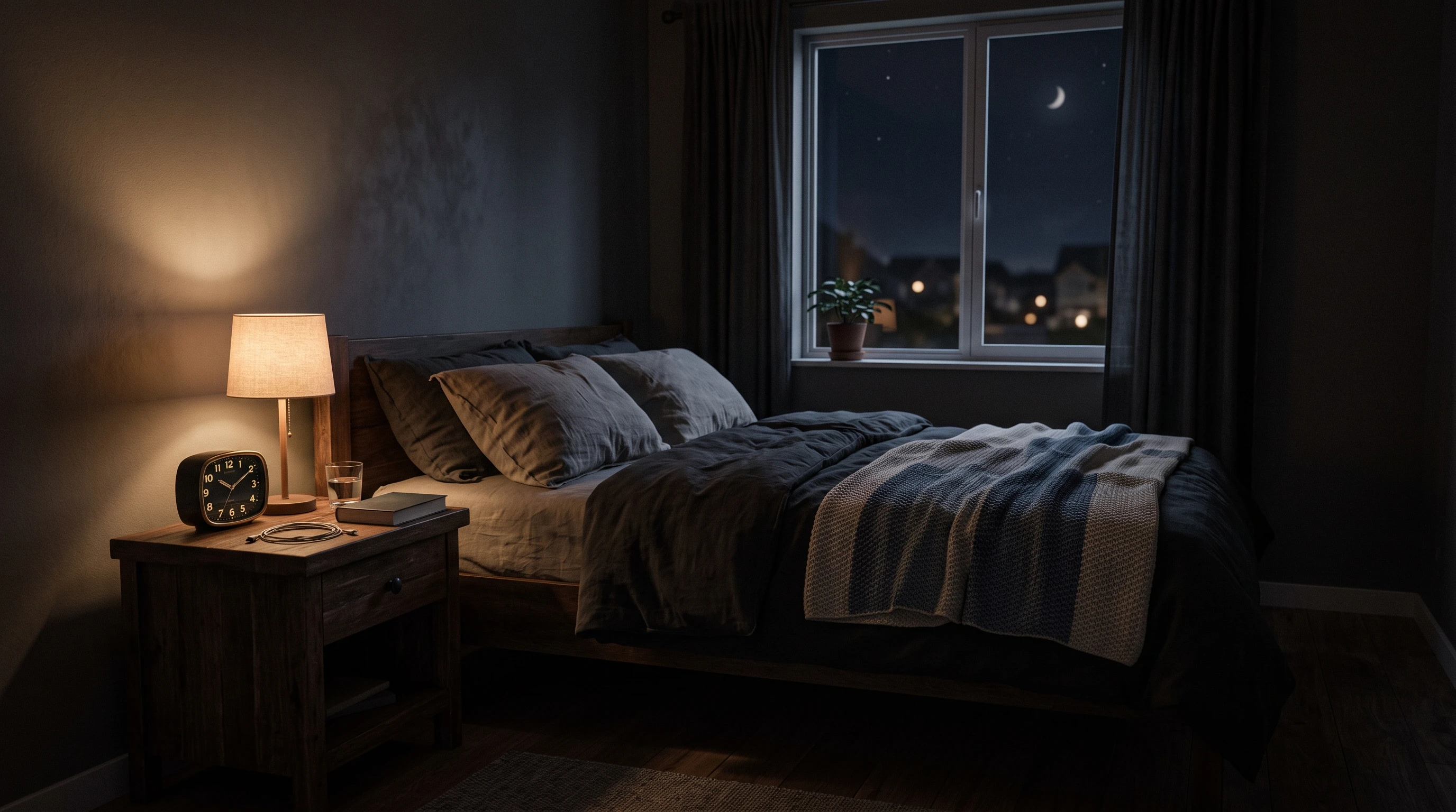 A calm bedroom scene at night with gentle lighting and a clock showing late hours, emphasizing the atmosphere of trying to sleep during recovery