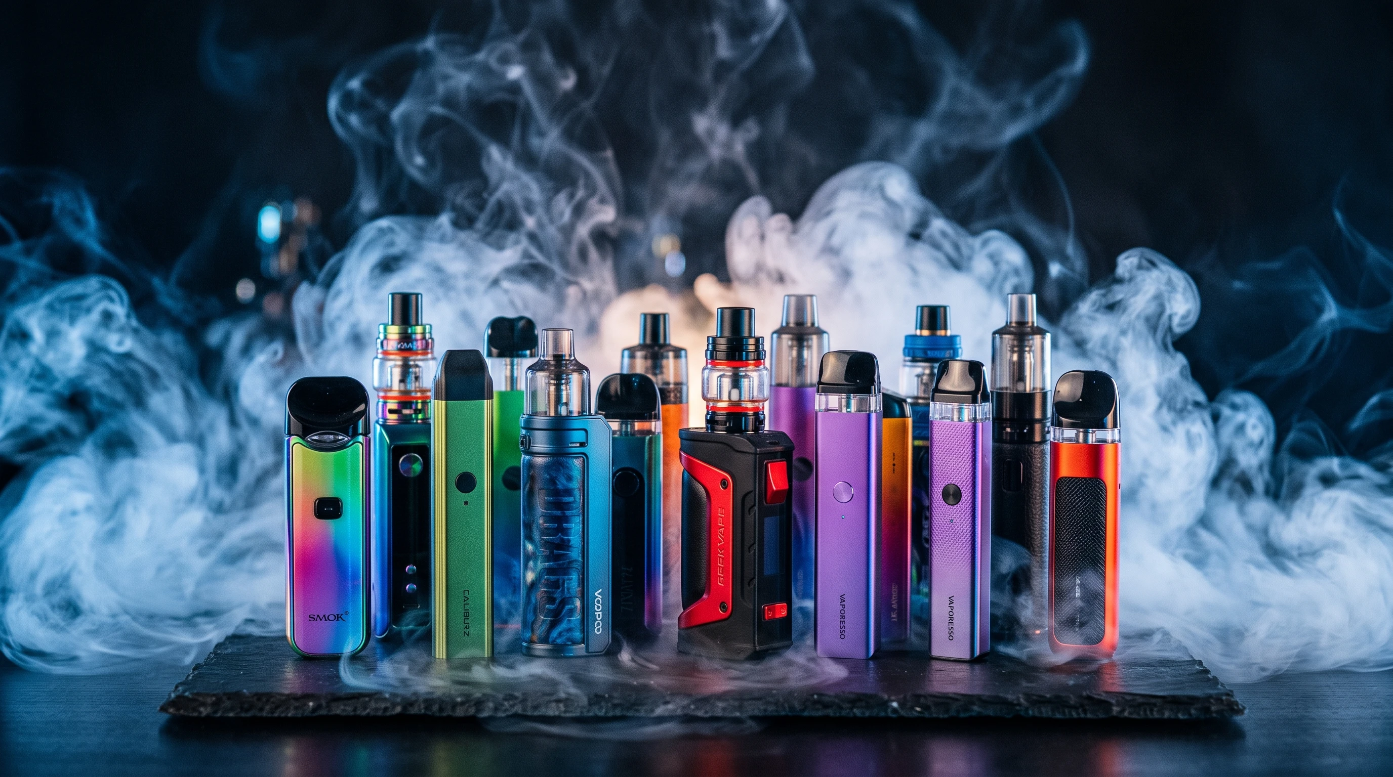 colorful assortment of vape pens and electronic cigarettes standing upright on a dark background, surrounded by swirling vapor clouds