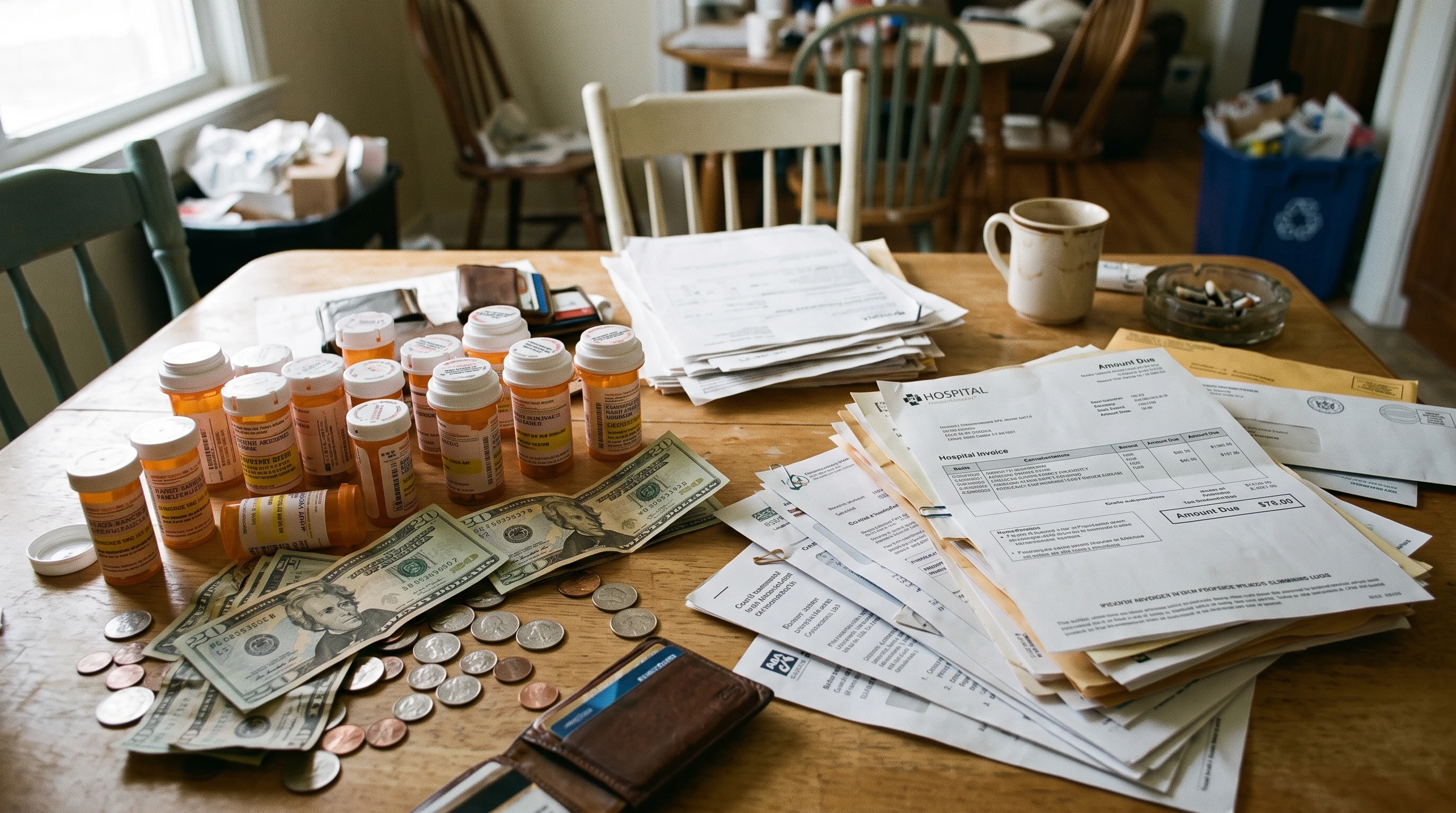 Spilled prescription pill bottles and money on a plain table, symbolizing addiction costs