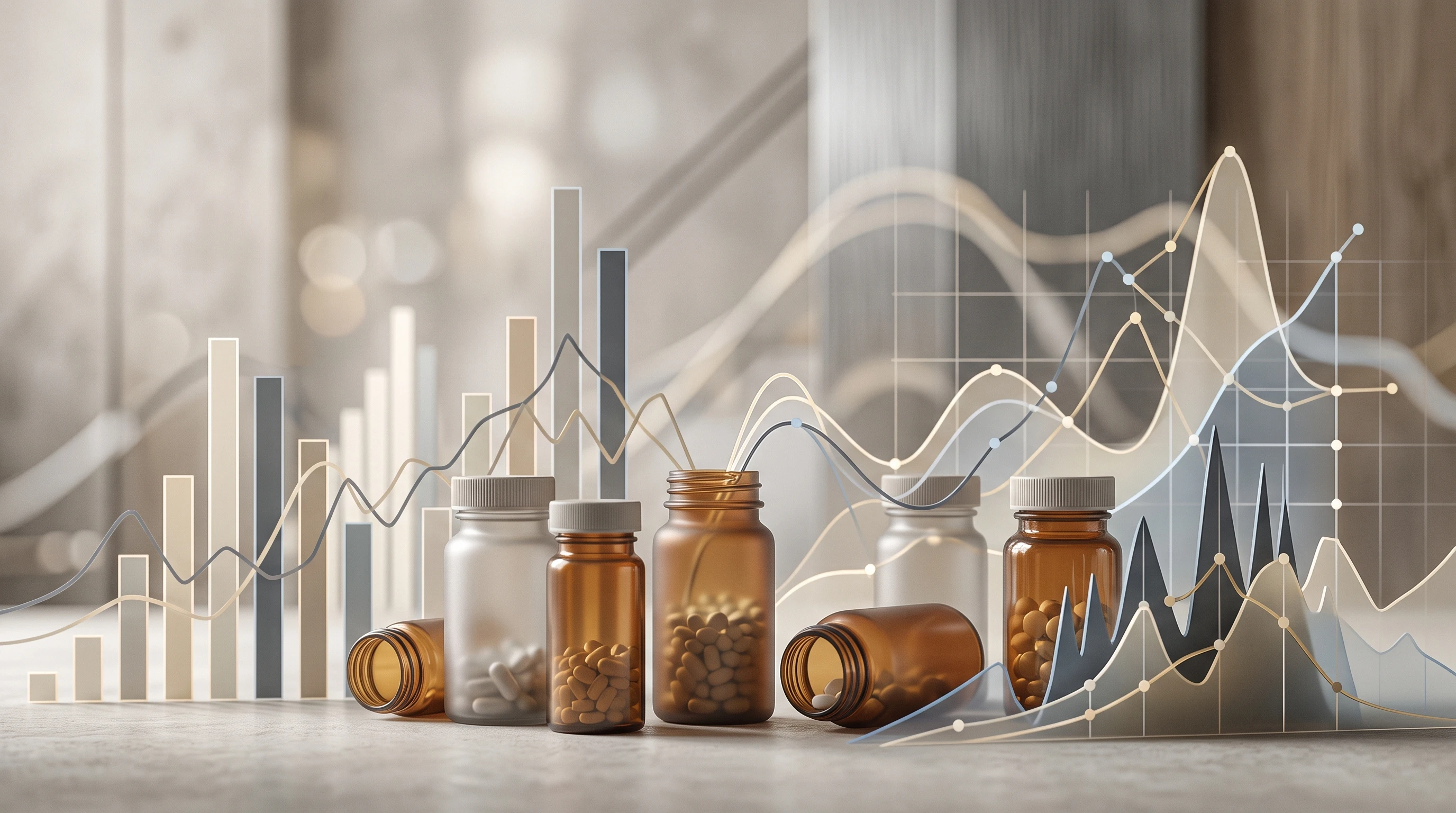 Abstract representation of opioid crisis data, featuring graphs and pill bottles
