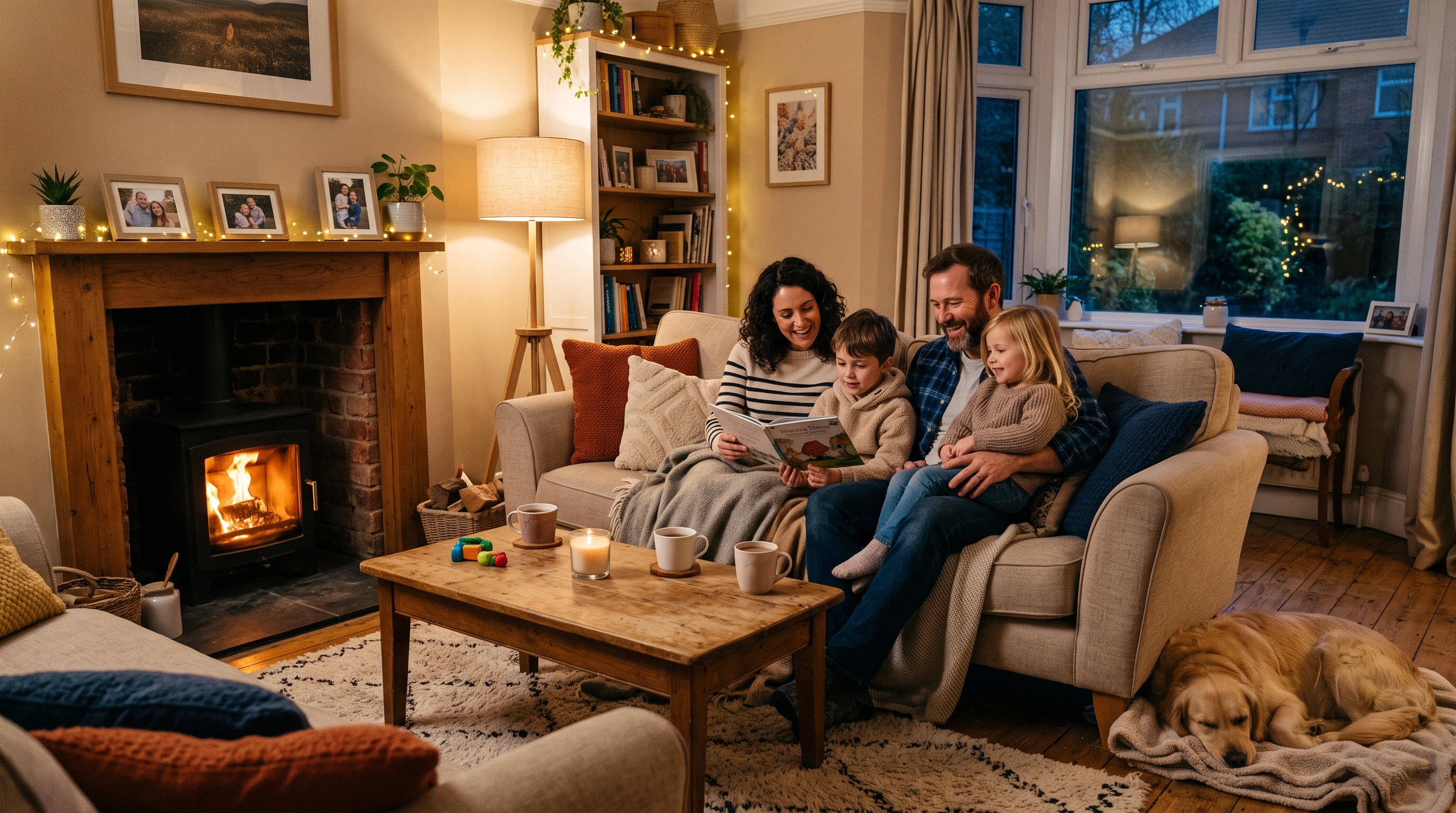 A cozy living room scene with soft light and a warm, peaceful vibe, representing a safe family space