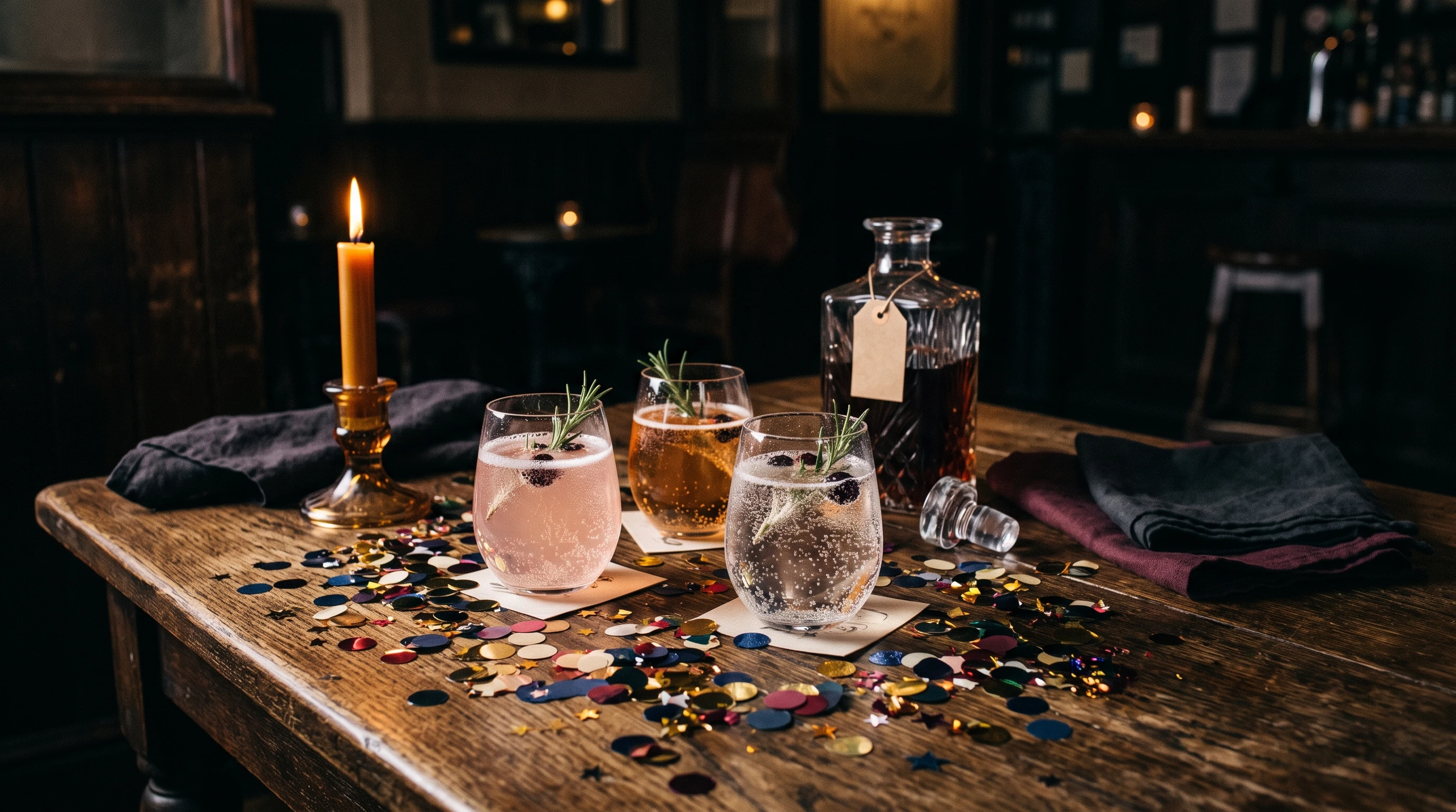A table set with sparkling drinks and confetti, with dim lighting conveying a complex mood.