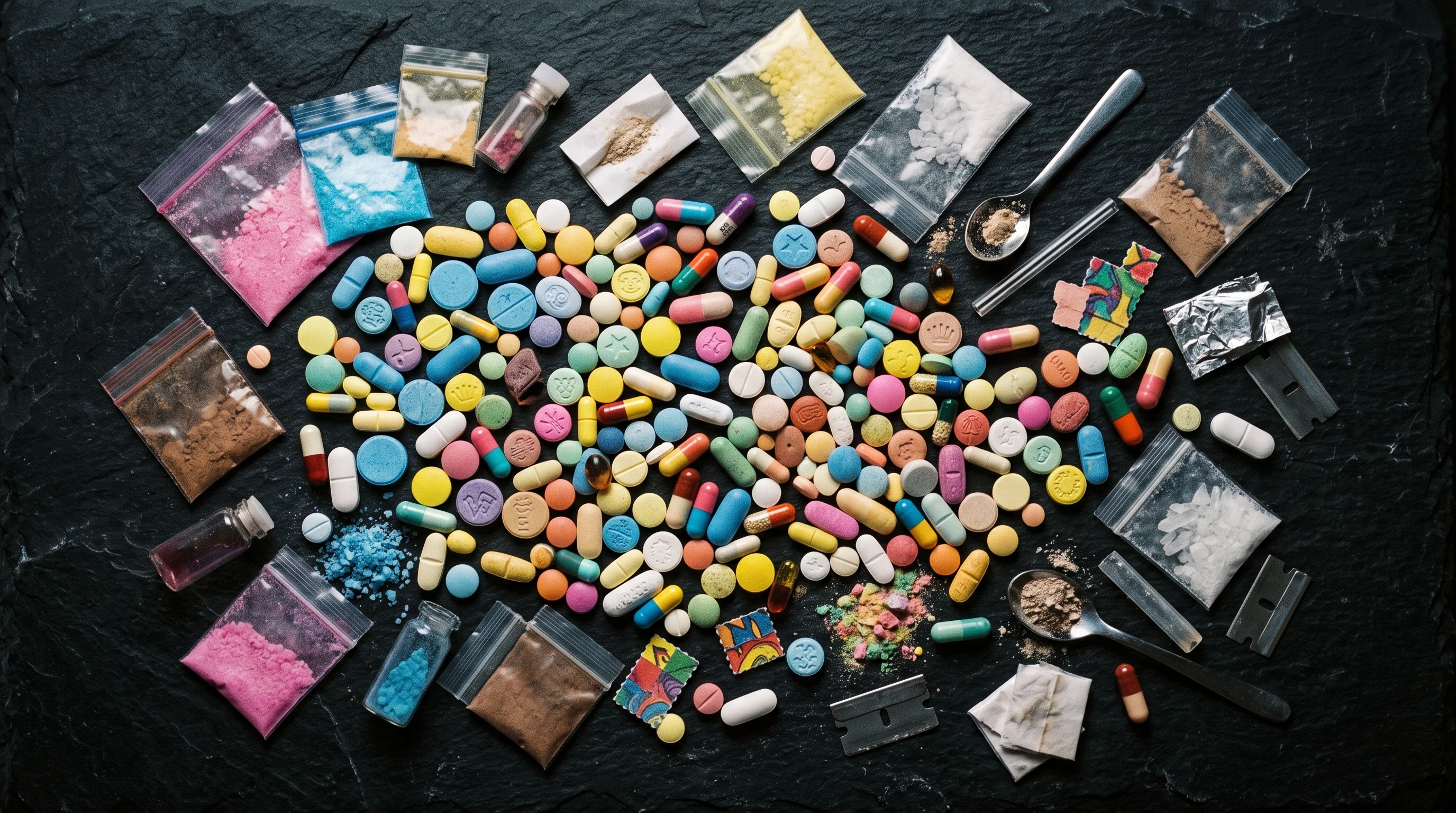Colorful assortment of various pills and powders on a dark background, arranged loosely to represent various types of recreational drugs. No text or people.