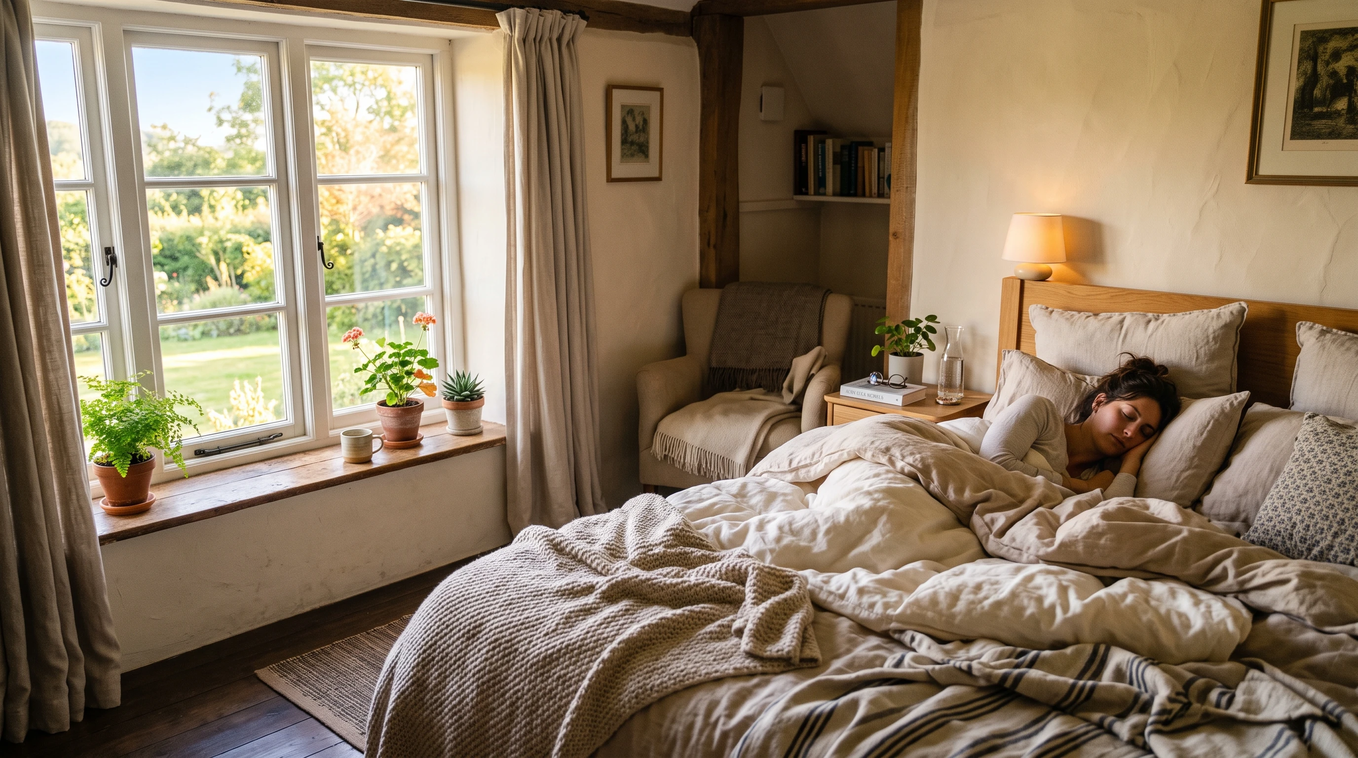 A cozy, softly-lit bedroom with a window showing bright daylight, emphasizing daytime rest settings