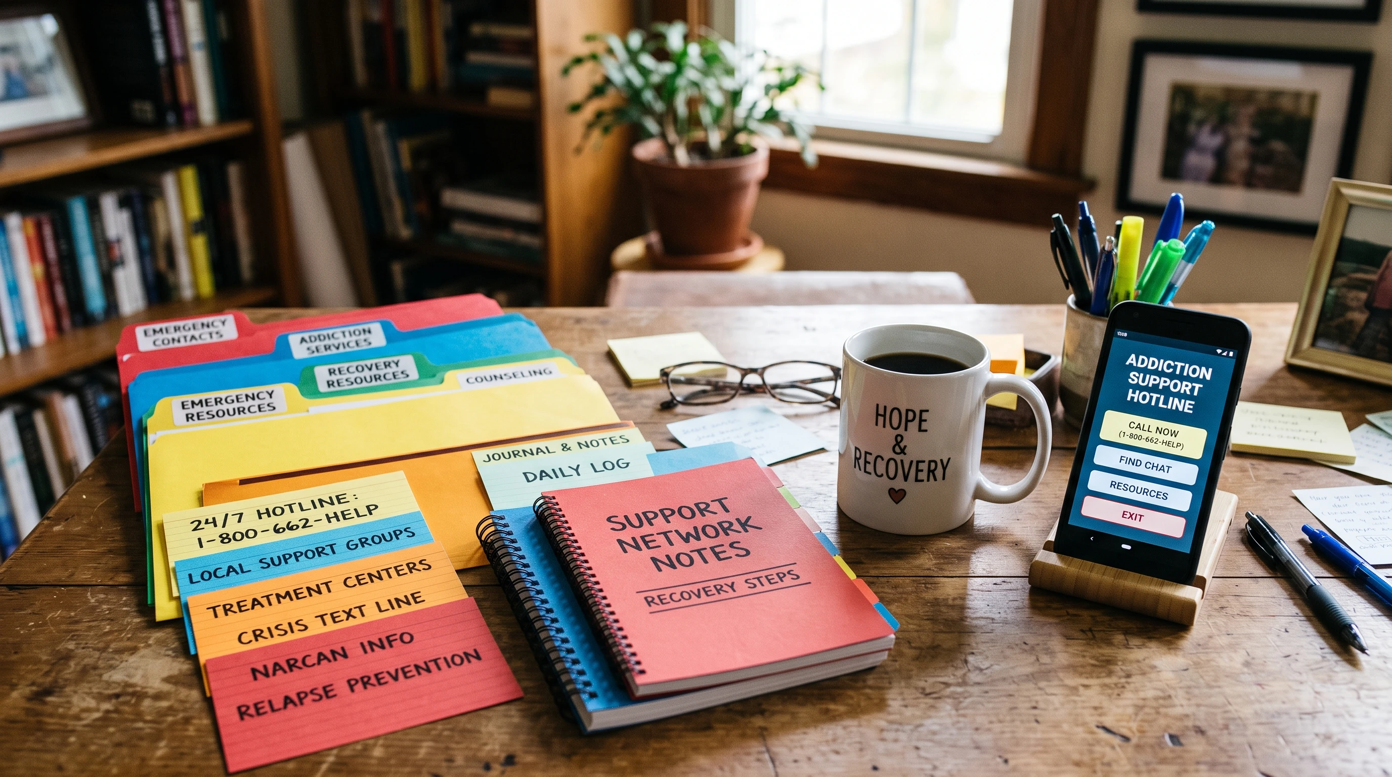 A set of brightly colored index cards arranged on a table, each one labeled with actionable emergency steps and resources. The cards are surrounded by notebooks, pens, and a phone displaying a crisis support hotline number.