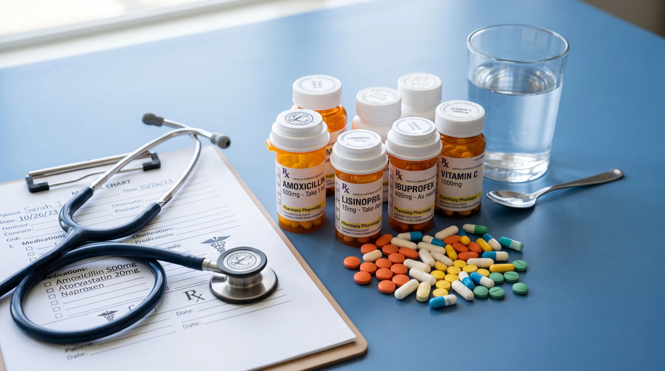 An assortment of colorful pills and medicine bottles on a smooth blue background. A medical chart, stethoscope, and glass of water are included for atmosphere.