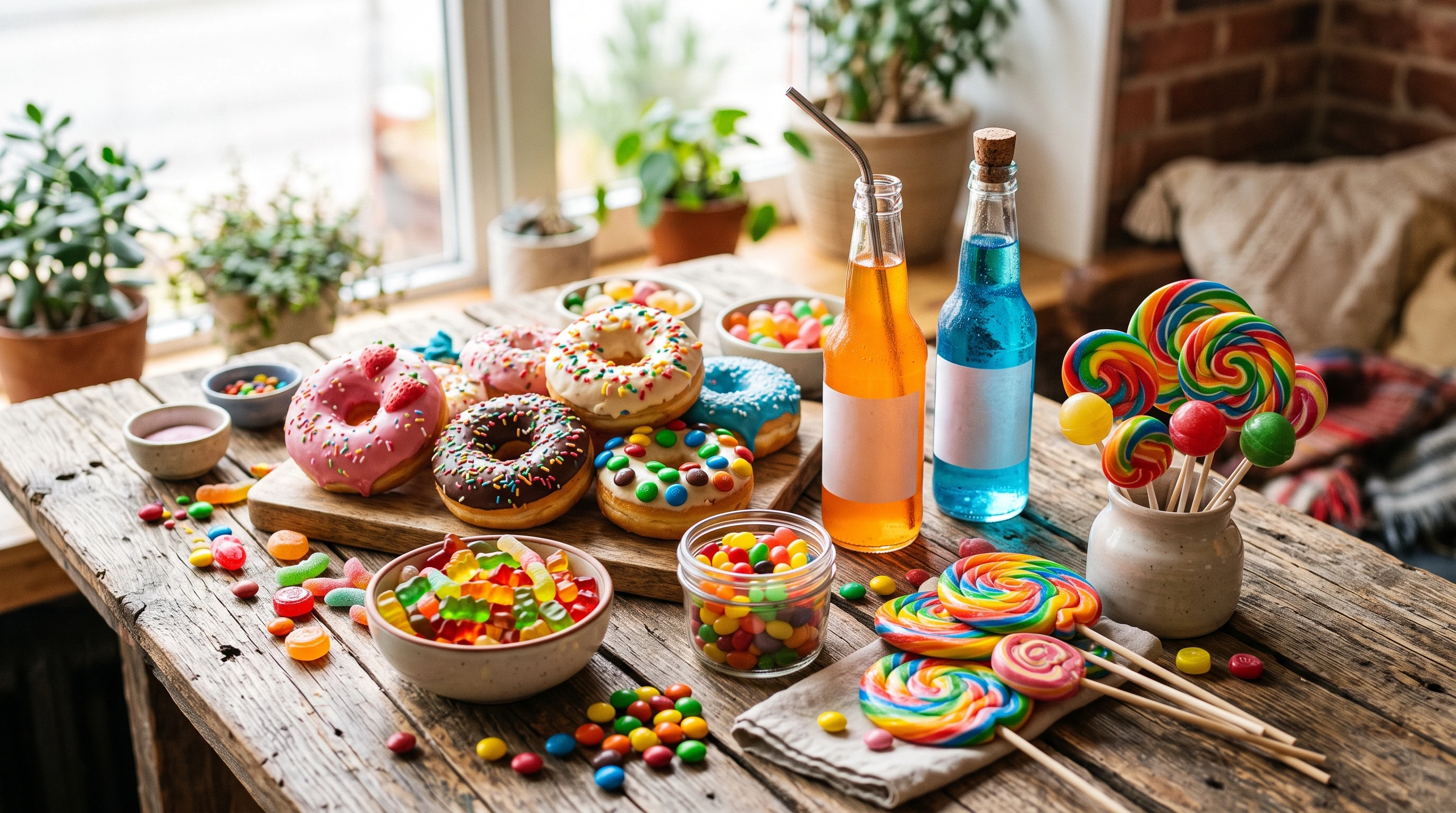 A variety of sugary treats like donuts, candy, and soda on a wooden table, bright natural lighting