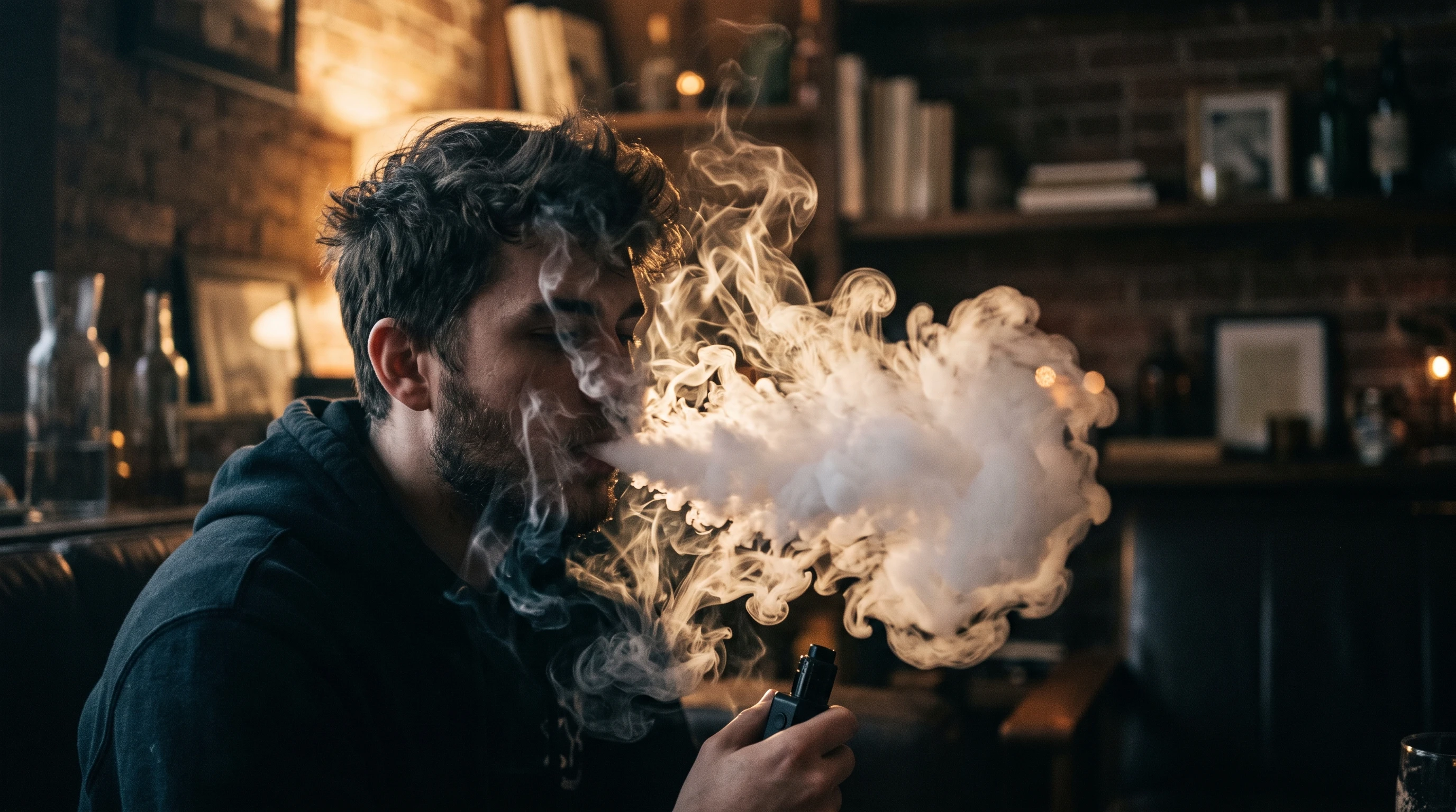 A moody close-up of swirling vape vapor clouds in a dimly lit room, with a blurred background featuring neutral objects.