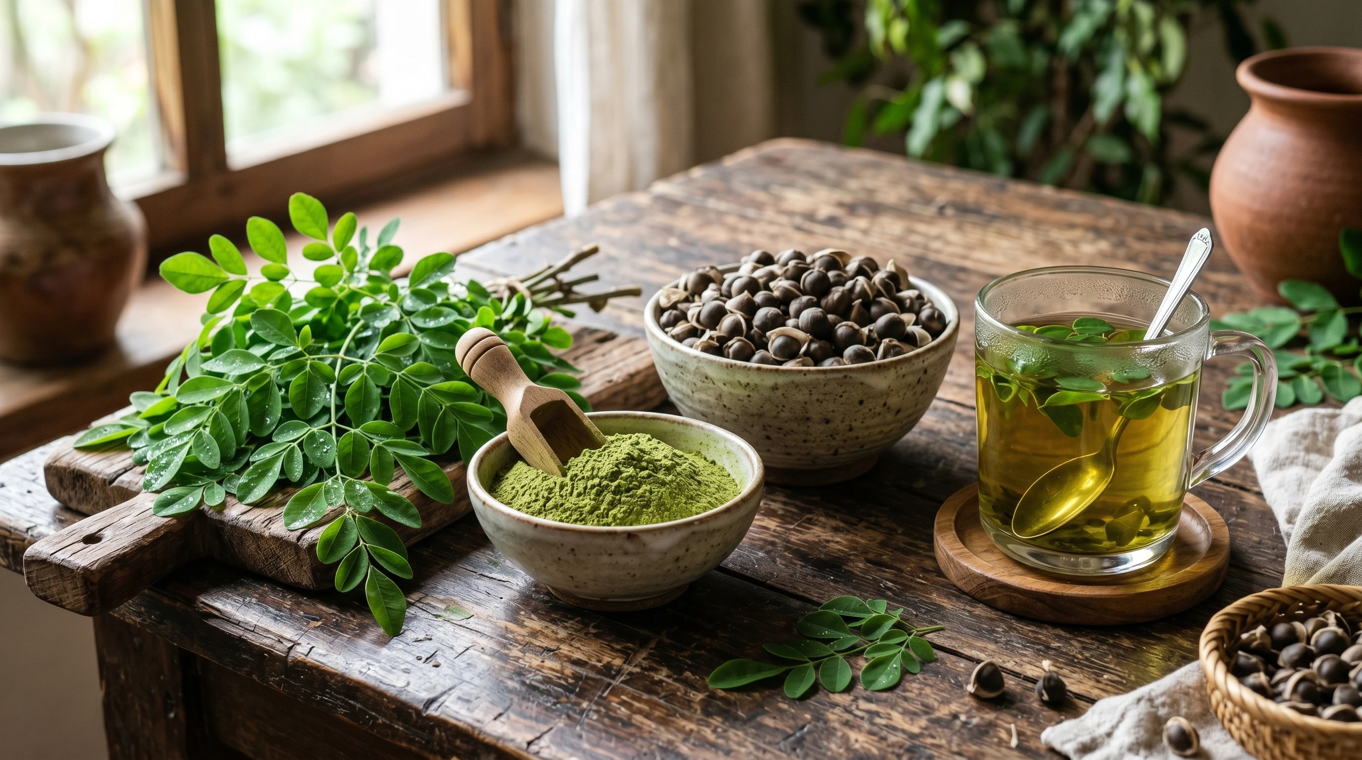 A detailed composition of fresh Moringa leaves and powder on a rustic wooden table, surrounded by bowls of seeds and a glass of herbal infusion, with natural light highlighting the fresh green tones.