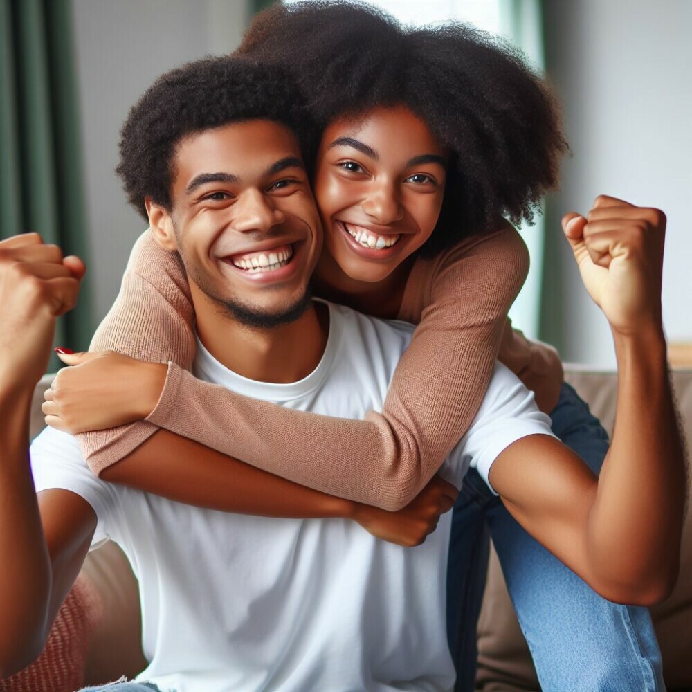 A young black couple happily laughnig and hugging each other