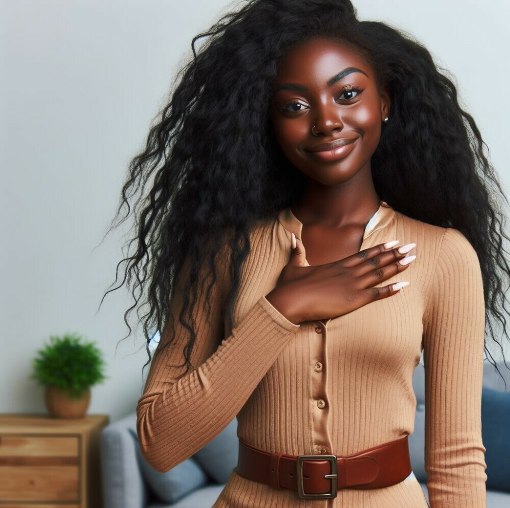 A young beautiful black lady with her right hand on her chest