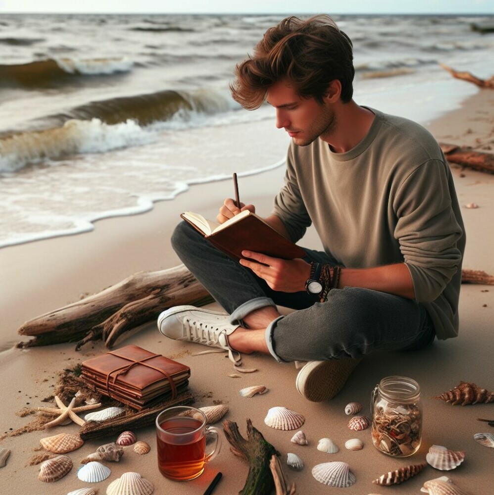 Young man sitting on the beach journaling