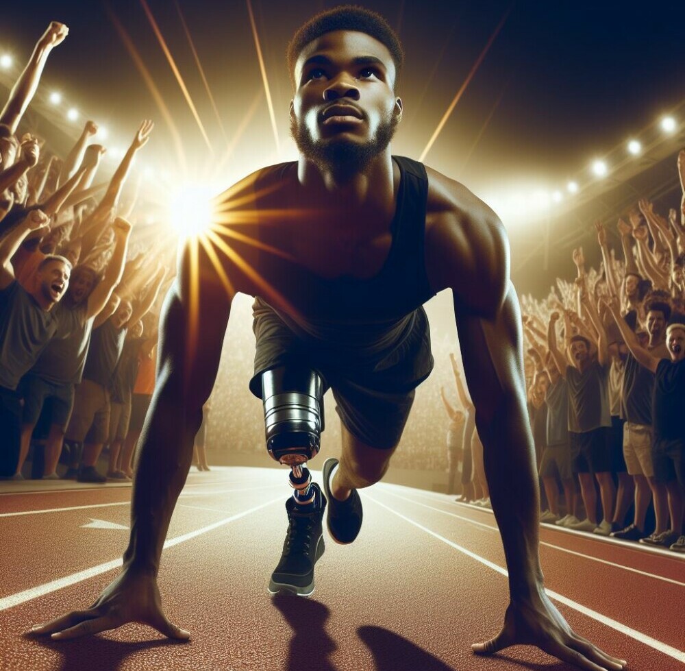 A young man with an artificial leg at the race tracks ready to run