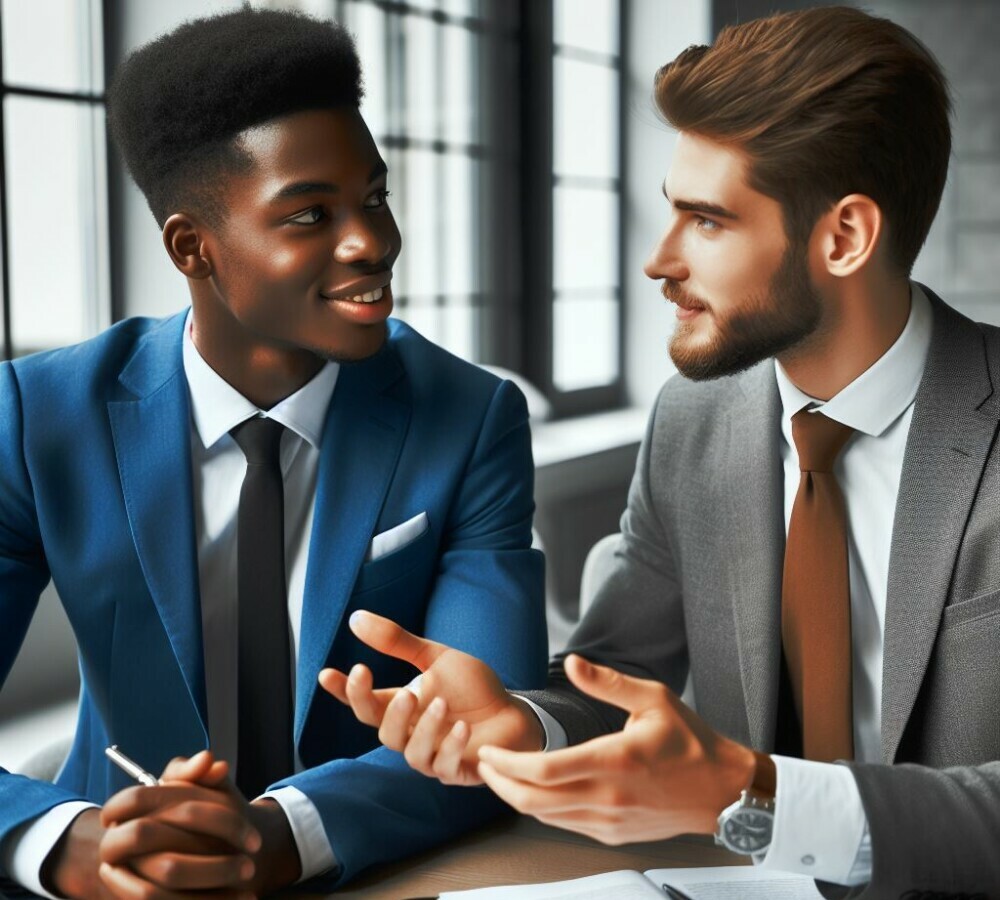 2 young men a black and white man sitting at a table discussing something